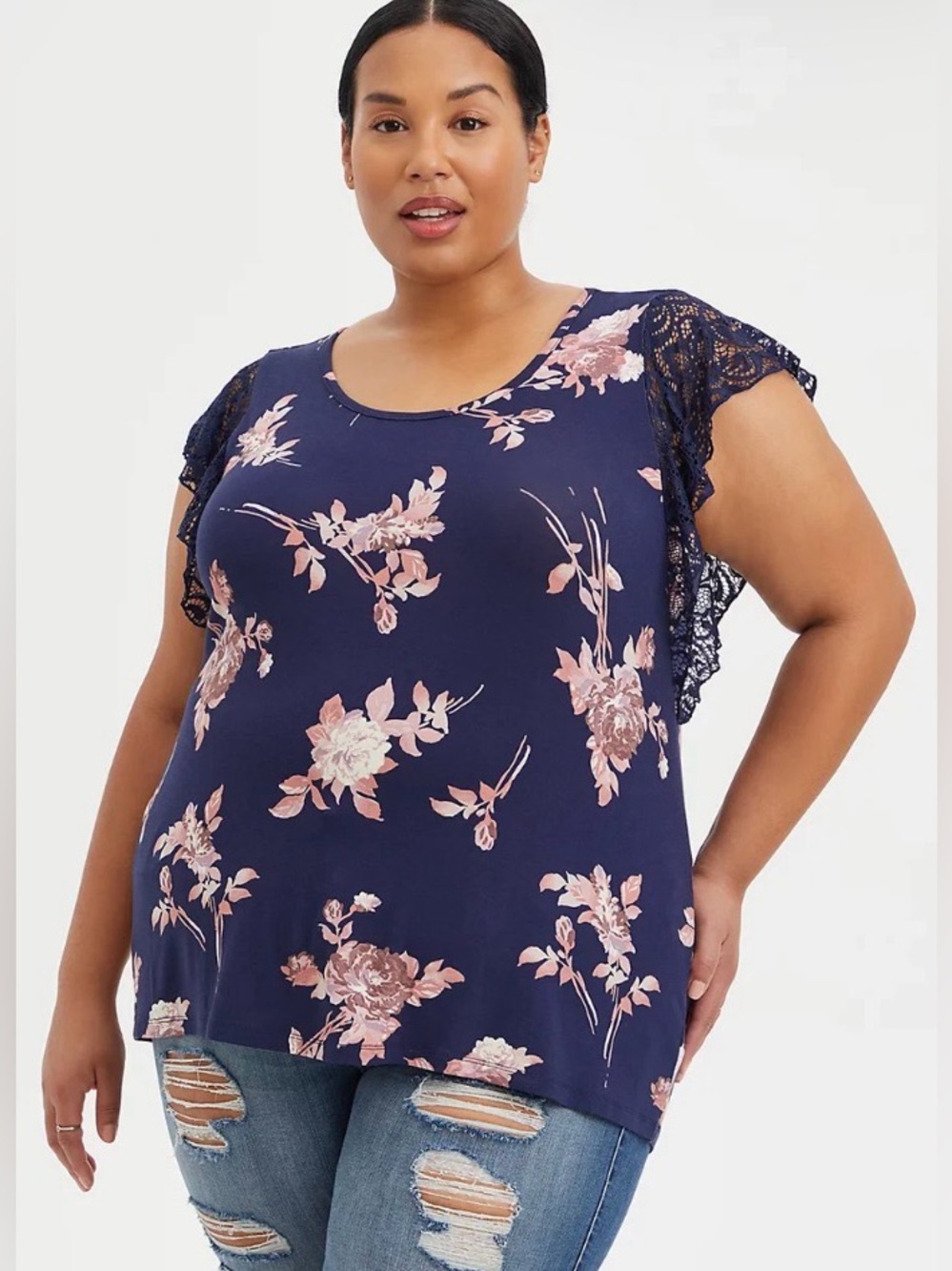 Torrid Floral Flutter Lace-Sleeve Scoop Neck Top - Navy/Pink